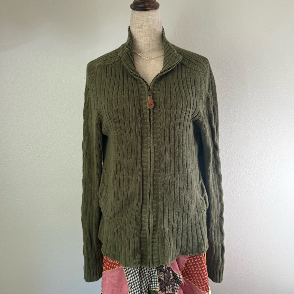 Olive Green Ribbed Zip-Up Sweater